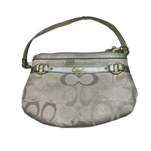Vintage Coach Metallic Beige Canvas Wristlet With Leather Trim